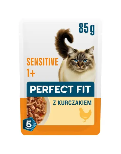 PERFECT FIT Sensitive 1+ cu pui 85 g hrana umeda pentru pisici adulte cu sensibilitate alimentara