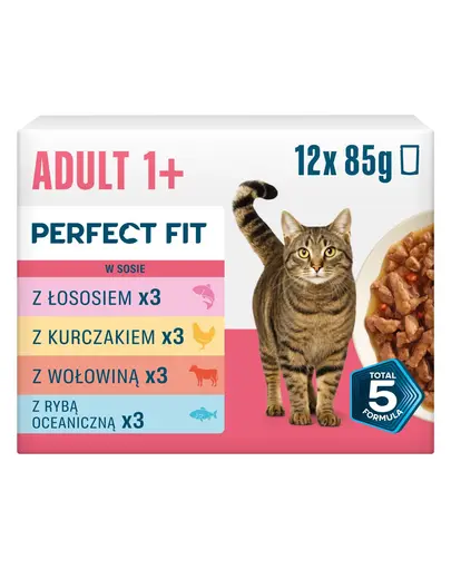 PERFECT FIT Adult 1+ Mix de arome 12 x 85 g hrana umeda pentru pisici adulte