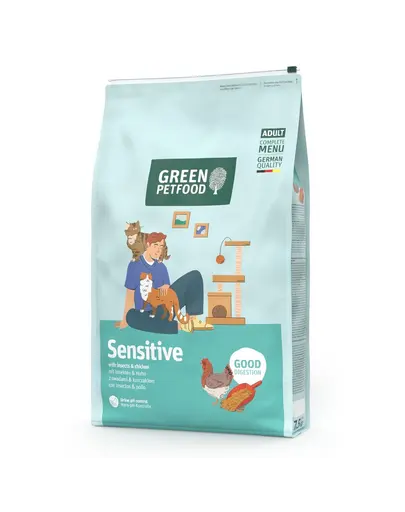 GREEN PETFOOD Sensitive cu insecte si pui, hrana uscata usor digerabila pentru pisici 7,5 kg