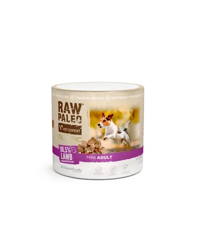 RAW PALEO Olympic Lamb Mini recompensa hipoalergenica de antrenament pentru caini mici, cu miel 90 g
