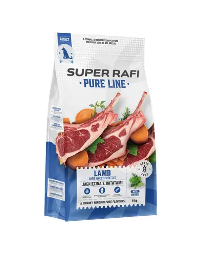 SUPER RAFI Pure Line hrana uscata pentru caini cu miel si cartof dulce 9 kg