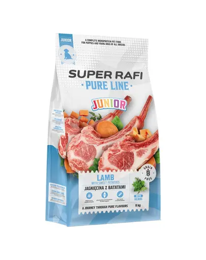SUPER RAFI Pure Line Junior hrana uscata pentru catei cu miel si cartofi dulci 9 kg