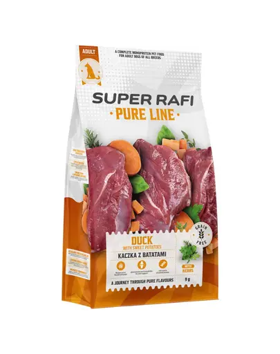 SUPER RAFI Pure Line hrana uscata pentru caini cu rata si cartofi dulci 9 kg