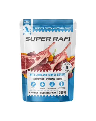 SUPER RAFI hrana umeda pentru caini, cu miel si inimi de curcan 500 g