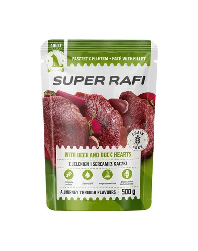 SUPER RAFI hrana umeda pentru caini, cu carne de cerb si inimi de rata 500 g