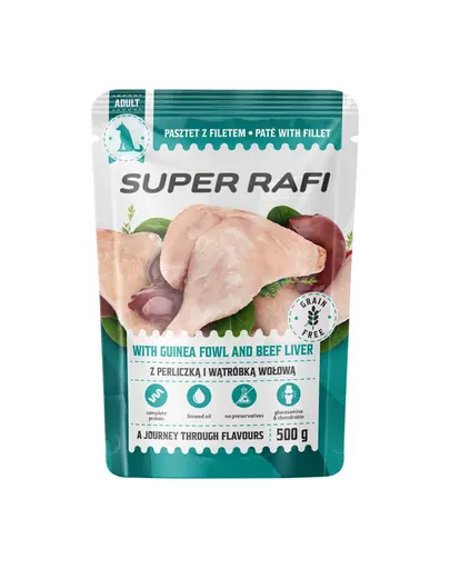 SUPER RAFI hrana umeda pentru caini, cu bibilica si ficat de vita 500 g