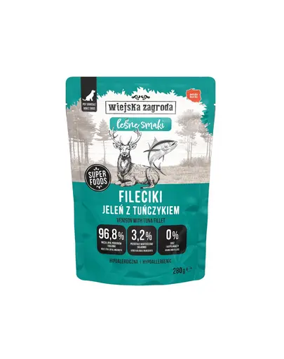 Wiejska Zagroda Hrana umeda monoproteica pentru caini, Arome de padure, filetele cu carne de cerb si ton 12x280 g
