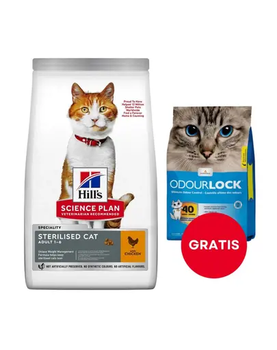 HILL'S Science Plan Young Adult Sterilised Cat 10 kg cu pui pentru pisici + nisip litiera 6 kg GRATIS