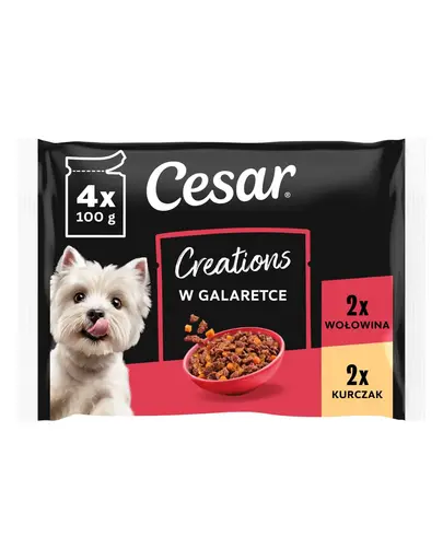 CESAR Creations in gelatina 4x100 g hrana umeda caini adulti, pui cu mazare si vita cu morcov