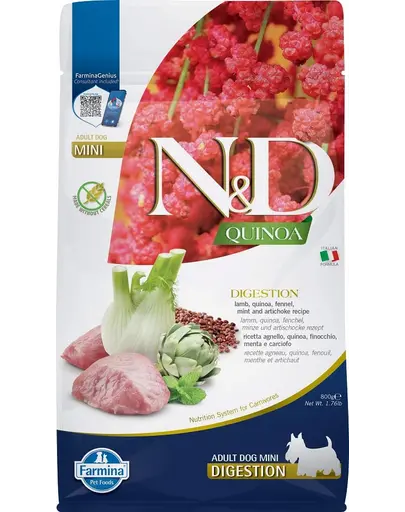 FARMINA N&D Quinoa Digestion Mini hrana dietetica fara cereale pentru caini adulti de talie mica cu miel, 800 g