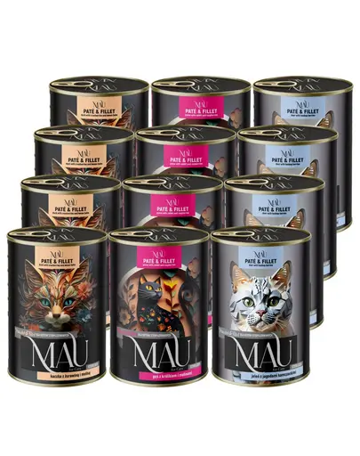 MAU Pate & Filet Mix arome 12x400 g hrana umeda pentru pisici sterilizate, cu rata, gasca, iepure si cerb