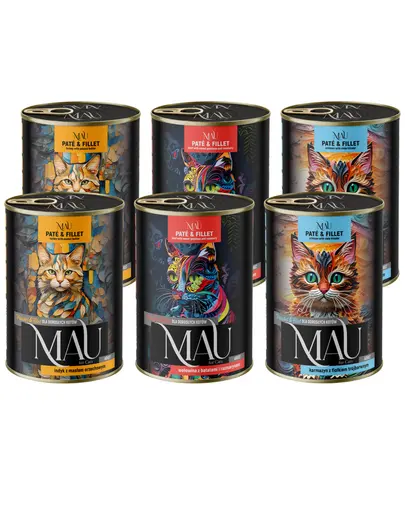 MAU Pate & Filet Mix hrana pisici adulte, curcan, vita si sebasta 6x400 g
