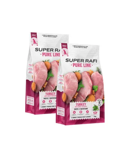SUPER RAFI Pure Line hrana uscata pentru caini cu curcan si cartof dulce 2x9 kg