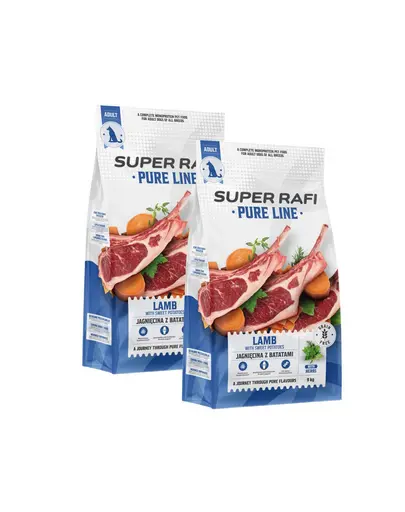 SUPER RAFI Pure Line hrana uscata pentru caini cu miel si cartof dulce 2x9 kg