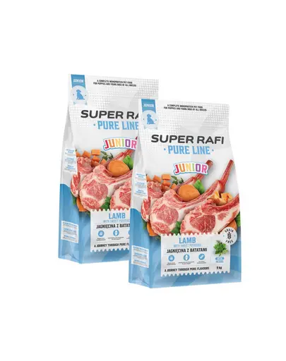SUPER RAFI Pure Line Junior hrana uscata pentru catei cu miel si cartofi dulci 2x9 kg