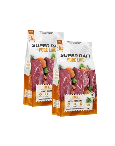 SUPER RAFI Pure Line hrana uscata pentru caini cu rata si cartofi dulci 2x9 kg