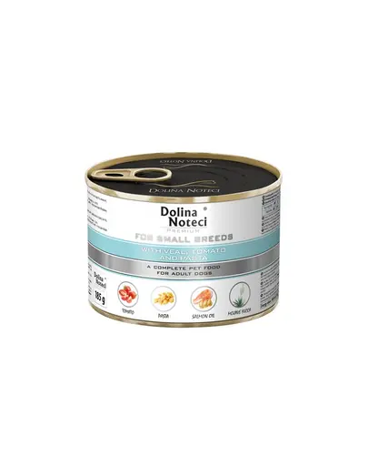 DOLINA NOTECI Premium Small hrana umeda pentru caini adulti de talie mica, cu vitel, rosii si paste 185 g