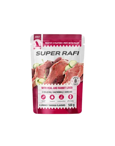 SUPER RAFI hrana umeda pentru caini cu vitel si ficat de iepure 500 g