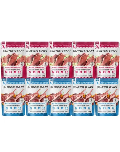 SUPER RAFI Mix de arome cu carne de miel si inimi de curcan si iepure 10x500 g hrana umeda pentru caini