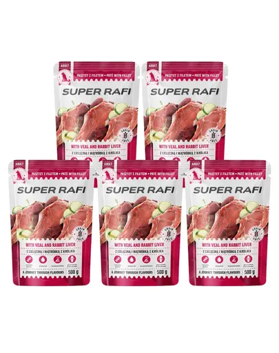 SUPER RAFI hrana umeda pentru caini cu vitel si ficat de iepure 5x500 g