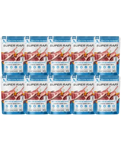 SUPER RAFI hrana umeda pentru caini, cu miel si inimi de curcan 10x500 g