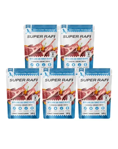 SUPER RAFI hrana umeda pentru caini, cu miel si inimi de curcan 5x500 g