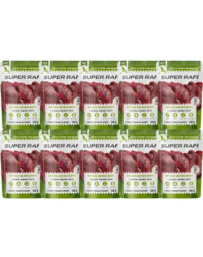 SUPER RAFI hrana umeda pentru caini, cu carne de cerb si inimi de rata 10x500 g