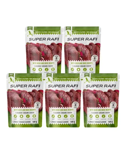 SUPER RAFI hrana umeda pentru caini, cu carne de cerb si inimi de rata 5x500 g