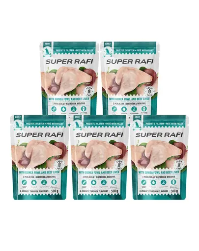SUPER RAFI hrana umeda pentru caini, cu bibilica si ficat de vita 5x500 g