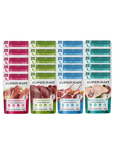 SUPER RAFI Mix de arome cu vitel, curcan, rata si ficat pentru caini 20x500 g hrana umeda pentru caini