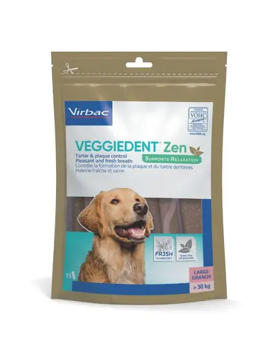 Recompense dentare caini mari peste 30 kg VIRBAC VeggieDent Zen L 15 bucati cu L-teanina pentru calm