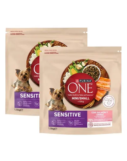PURINA ONE Mini Small Sensitive Salmon & Rice 2x1,5 kg hrana uscata pentru caini de talie mica cu digestie sensibila, cu somon si orez