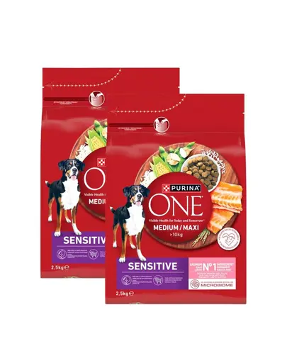 PURINA ONE Medium Maxi Adult Sensitive Salmon & Rice 2x2,5 kg hrana uscata pentru caini adulti de talie medie si mare cu digestie sensibila, cu somon si orez