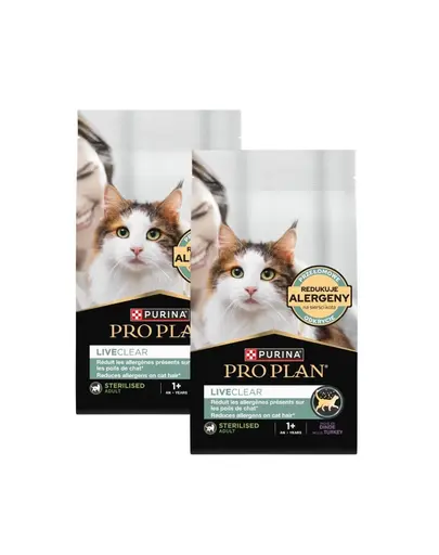 PURINA PRO PLAN LiveClear Sterilised 2x1,4 kg hrana uscata pentru pisici sterilizate, bogata in curcan, pentru reducerea alergenilor din blana