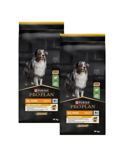 PURINA PRO PLAN Adult Light/Sterilised 2x14 kg hrana uscata pentru caini sterilizati, bogata in miel
