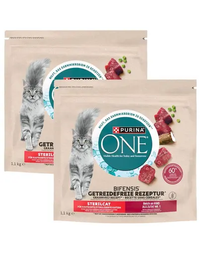 PURINA ONE Bifensis Grain Free Sterilcat Adult Beef 2x1,1 kg hrana uscata fara cereale pentru pisici sterilizate, bogata in vita