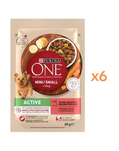 PURINA ONE Mini Small Active Beef 6x85 g hrana umeda pentru caini de talie mica, cu vita si cartofi in sos