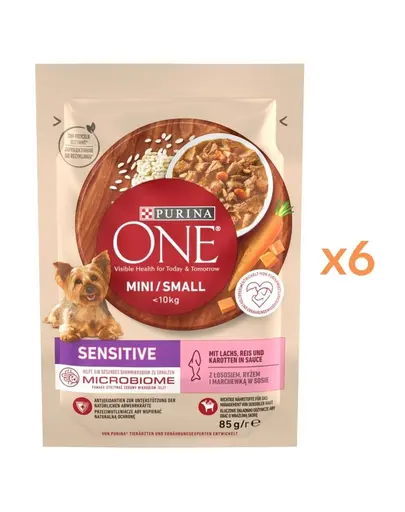 PURINA ONE Mini Small Sensitive Salmon 6x85 g hrana umeda pentru caini de talie mica, cu somon, orez si morcov in sos