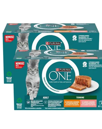 PURINA ONE Adult Terrine 8x85 g hrana umeda pentru pisici adulte, cu pui si morcovi, somon si morcovi