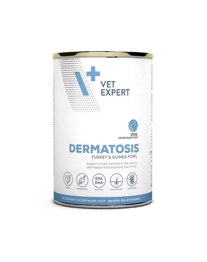 Hrana pentru caini cu dermatoze si intoleranta VET EXPERT Veterinary Diet Dermatosis, 400 g curcan si bibilica