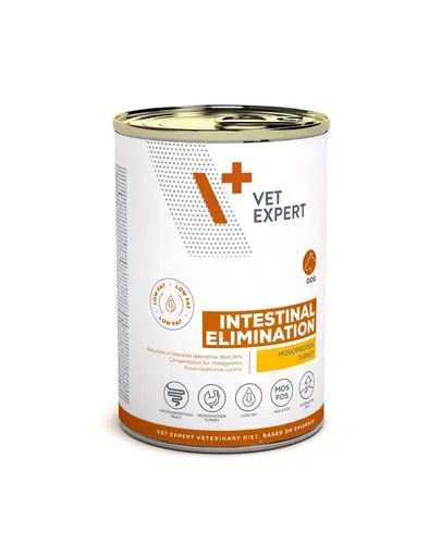 Hrana umeda dietetica VET EXPERT Veterinary Diet Intestinal Elimination 400 g Low Fat pentru caini cu tulburari digestive si pancreatice, curcan