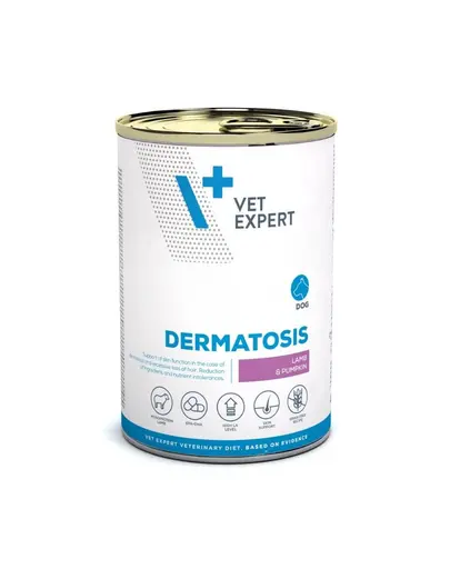 Hrana umeda dietetica pentru caini cu dermatoze si caderea excesiva a blanii VET EXPERT Veterinary Diet Dermatosis, 400 g miel si dovleac
