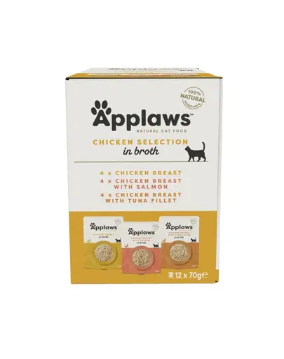 APPLAWS Hrana umeda complementara pentru pisici, multipack 12 x 70 g, mix de arome cu pui in bulion, in plicuri