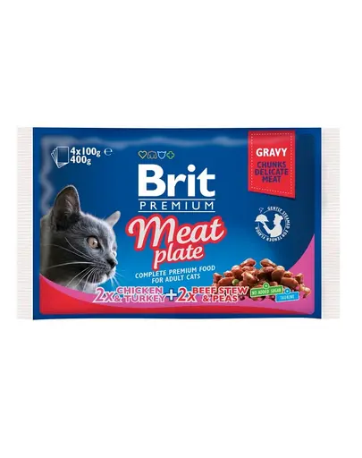 BRIT Cat Adult Meat Plate 8x100 g set de hrana umeda pentru pisici adulte, mix de arome cu carne