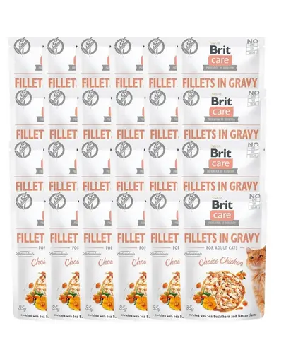 BRIT Care Cat Fillets in Gravy Mix 48 x 85 g plicuri hrana umeda pisici, fileuri in sos cu pui, curcan si somon