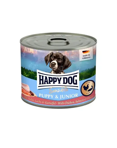 HAPPY DOG Sensible Puppy Junior Pui, somon si cartof hrana umeda pentru catei si caini tineri 200 g