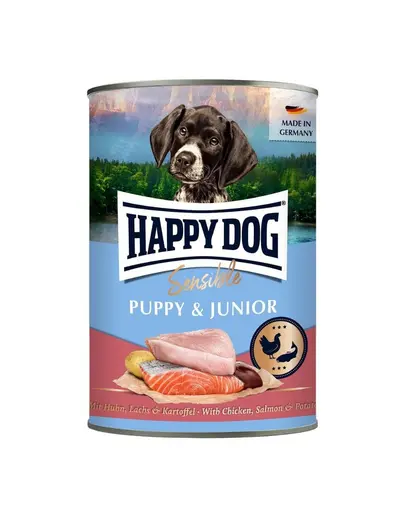 HAPPY DOG Sensible Puppy Junior Pui, somon si cartof hrana umeda pentru catei si caini tineri 400 g