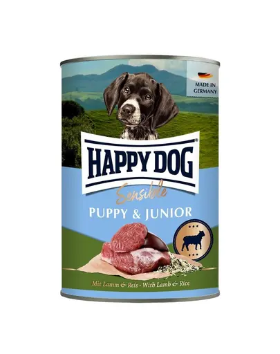 HAPPY DOG Sensible Puppy Junior Hrana umeda pentru pui si caini tineri cu miel si orez 400 g.