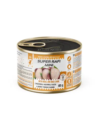 SUPER RAFI Mini cu prepelita si ficat de rata 185 g hrana umeda pentru caini de talie mica