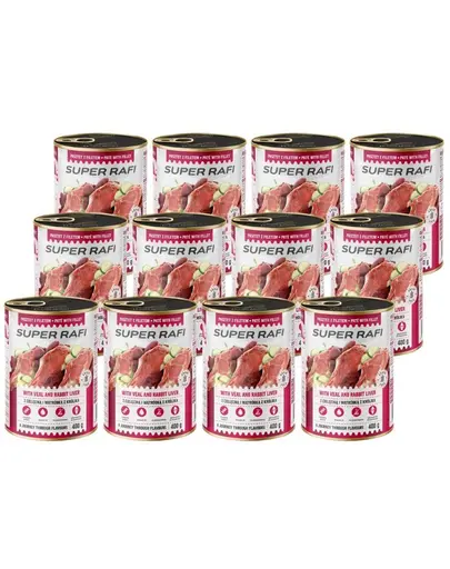 SUPER RAFI Pate cu vitel si ficat de iepure 12x400 g pentru caini adulti